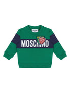 Felpa per neonato verde con stampa logo Moschino Kids su fondo blu e scudetti - Rubino Kids