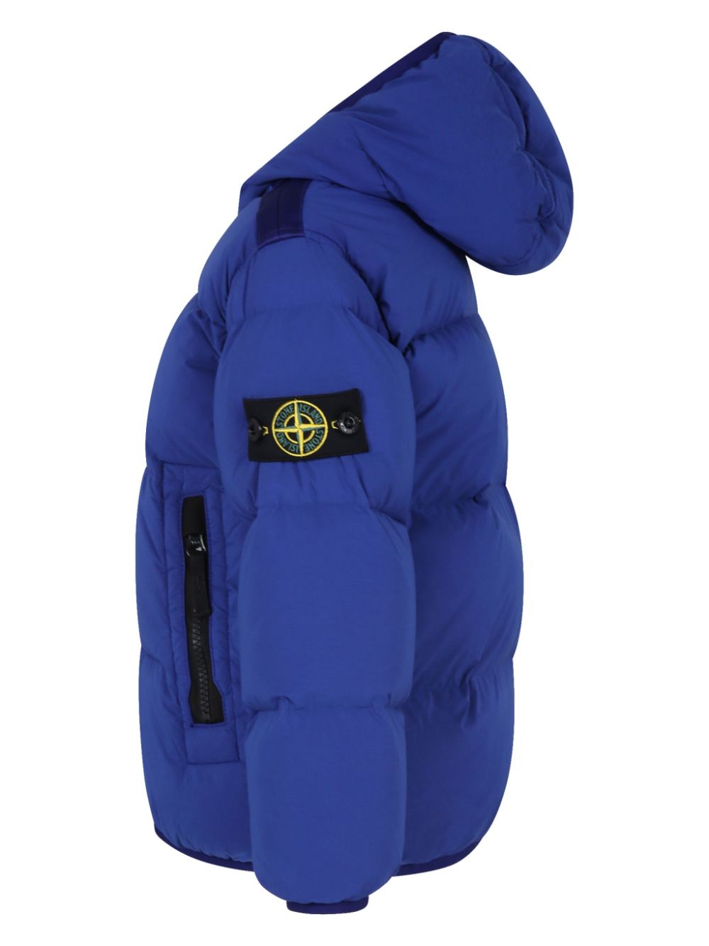 Giacca imbottita con cappuccio e toppa con bussola per bambino Stone Island Junior blu con due tasche laterali con zip - Rubino Kids