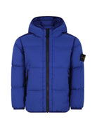 Giacca imbottita con cappuccio e toppa con bussola per bambino Stone Island Junior blu con due tasche laterali con zip - Rubino Kids