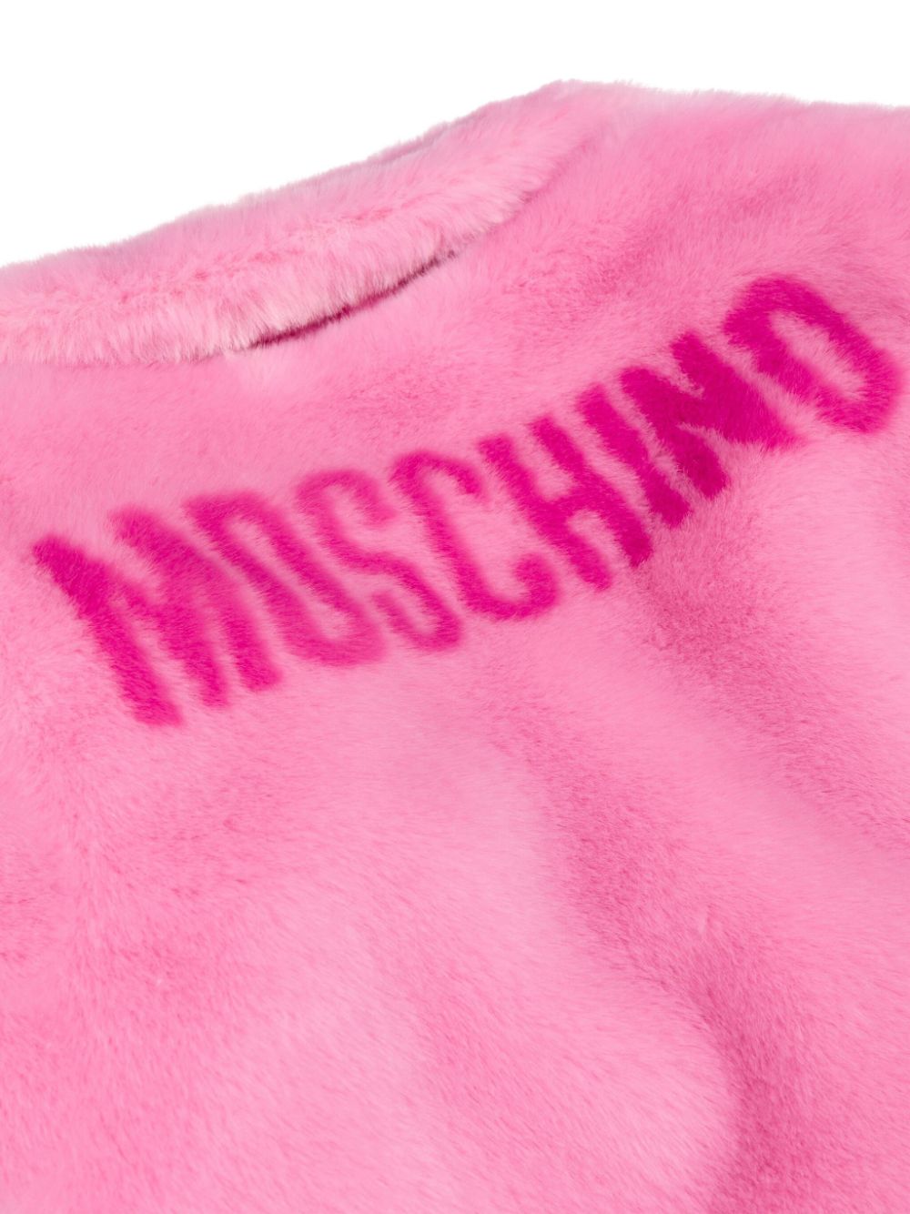 Giacca per bambina Moschino Kids rosa in finta pelliccia con stampa logo sul retro - Rubino Kids