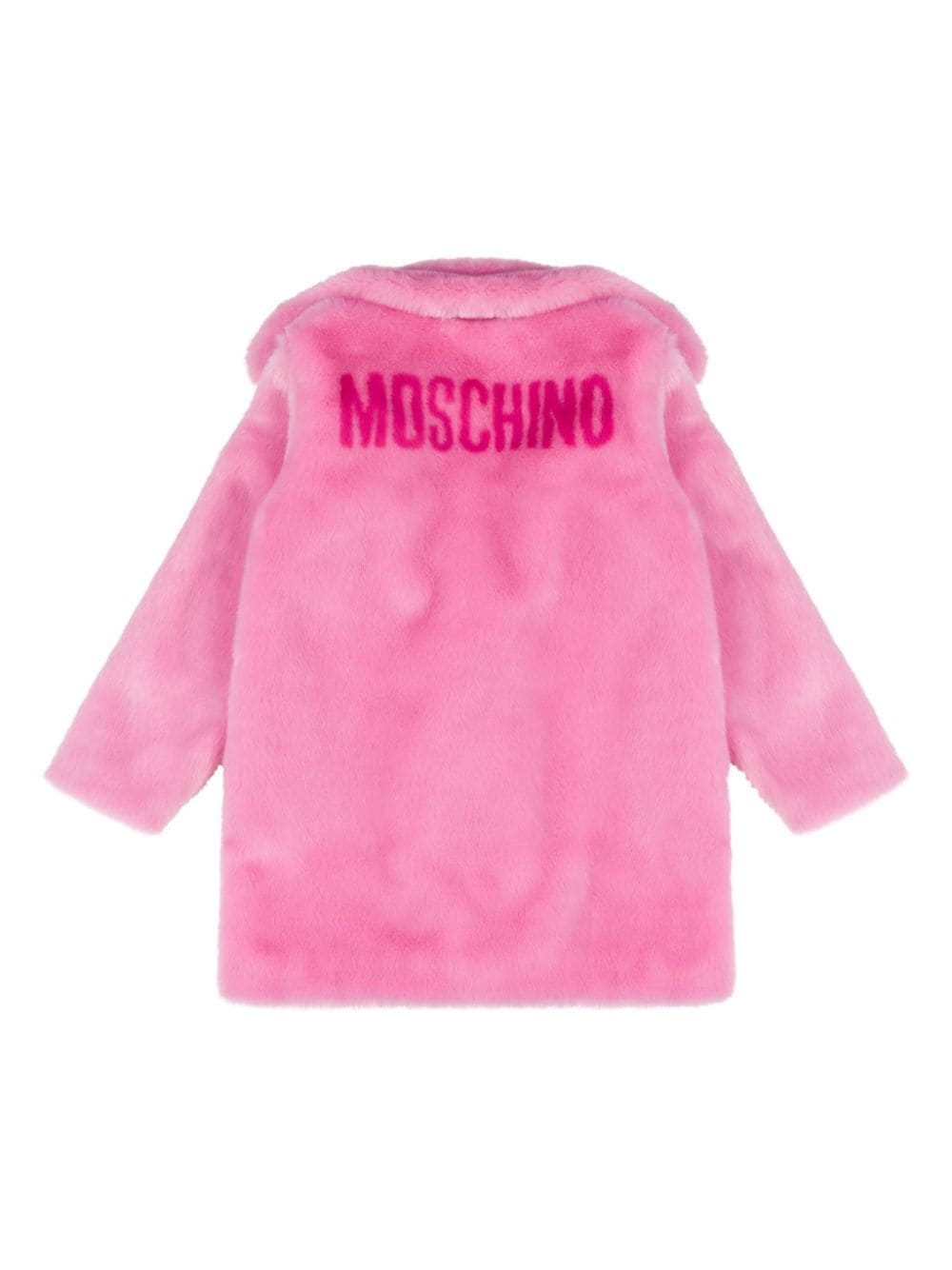 Giacca per bambina Moschino Kids rosa in finta pelliccia con stampa logo sul retro - Rubino Kids