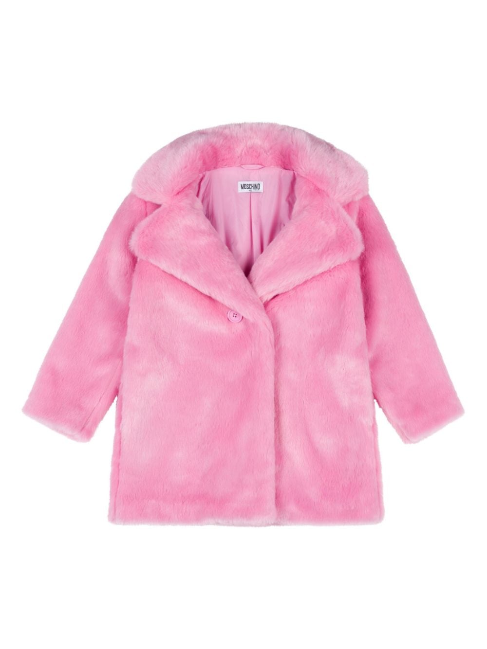 Giacca per bambina Moschino Kids rosa in finta pelliccia con stampa logo sul retro - Rubino Kids