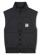 Gilet imbottito per bambino Dkny Kids nero con stampa logo sul petto - Rubino Kids