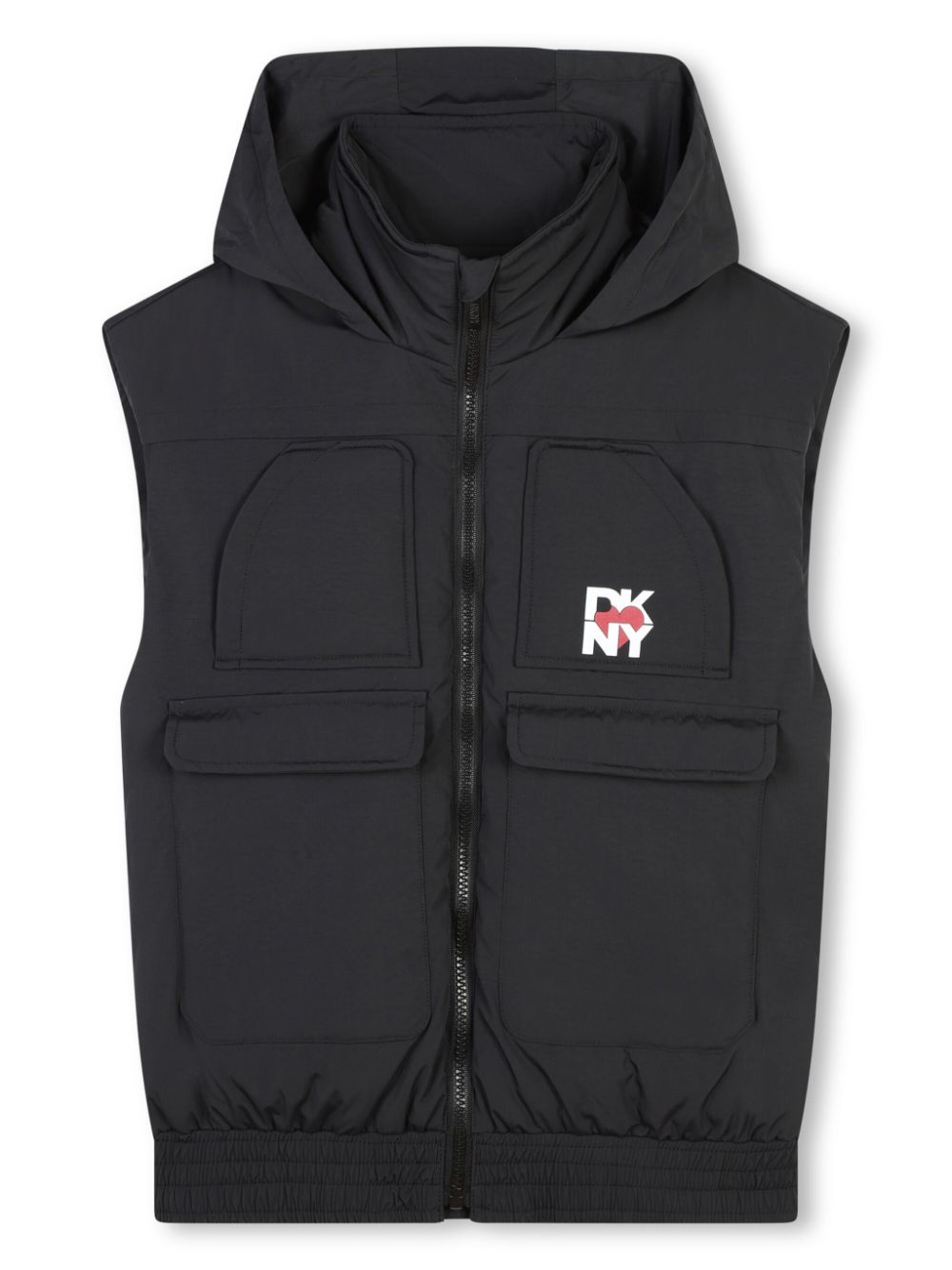 Gilet imbottito per bambino Dkny Kids nero con stampa logo sul petto - Rubino Kids