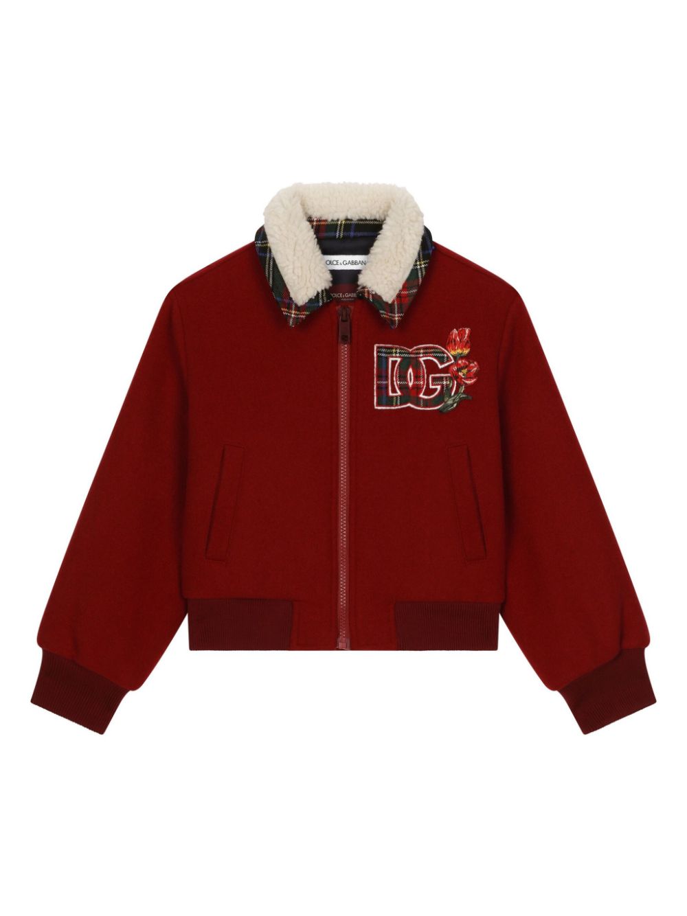 Giubbino con logo DG per bambino Dolce & Gabbana Kids rosso con ricamo a fiori - Rubino Kids