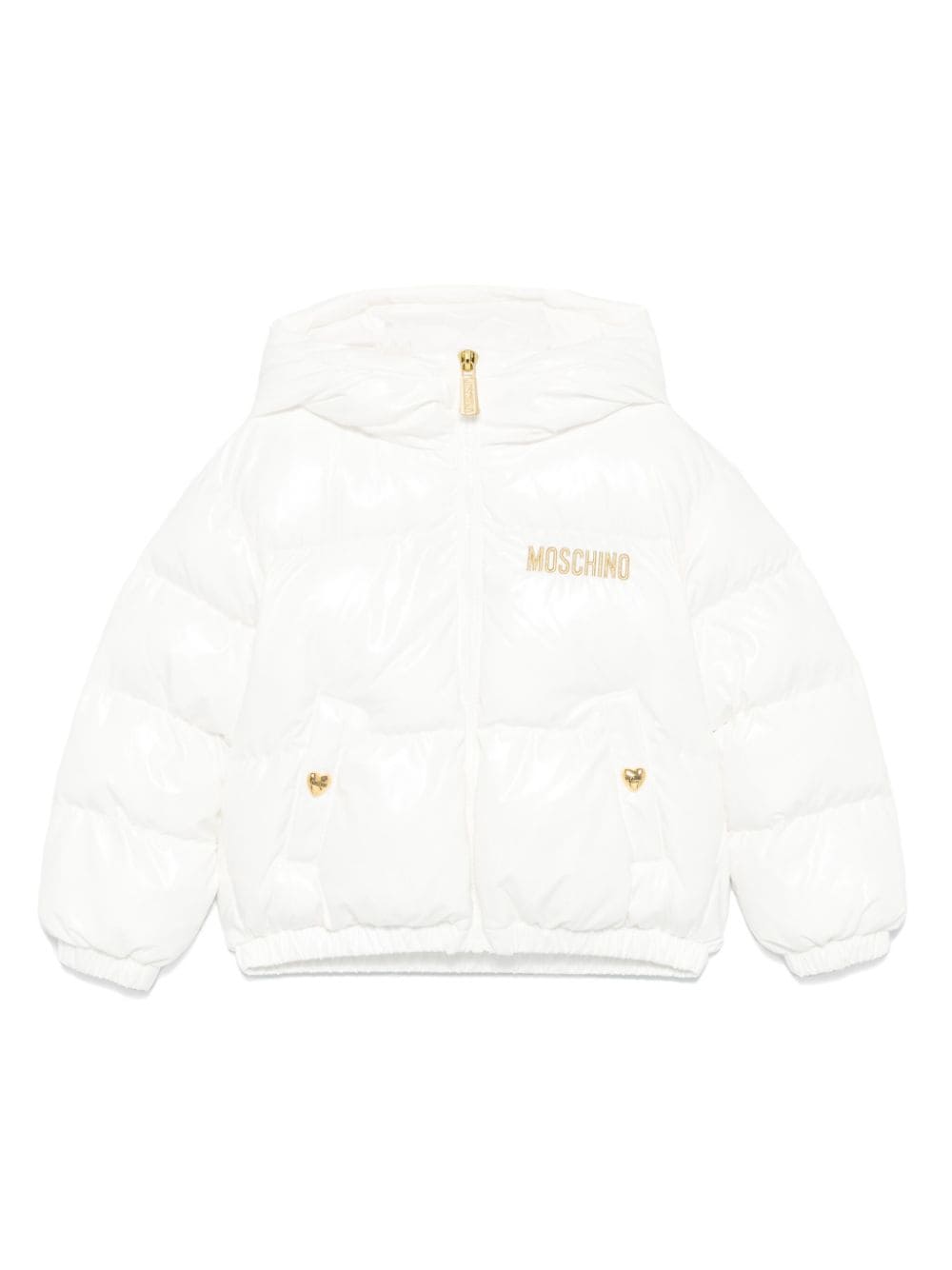 Giubbino con ricamo per bambina Moschino Kids bianco con logo sul letto - Rubino Kids