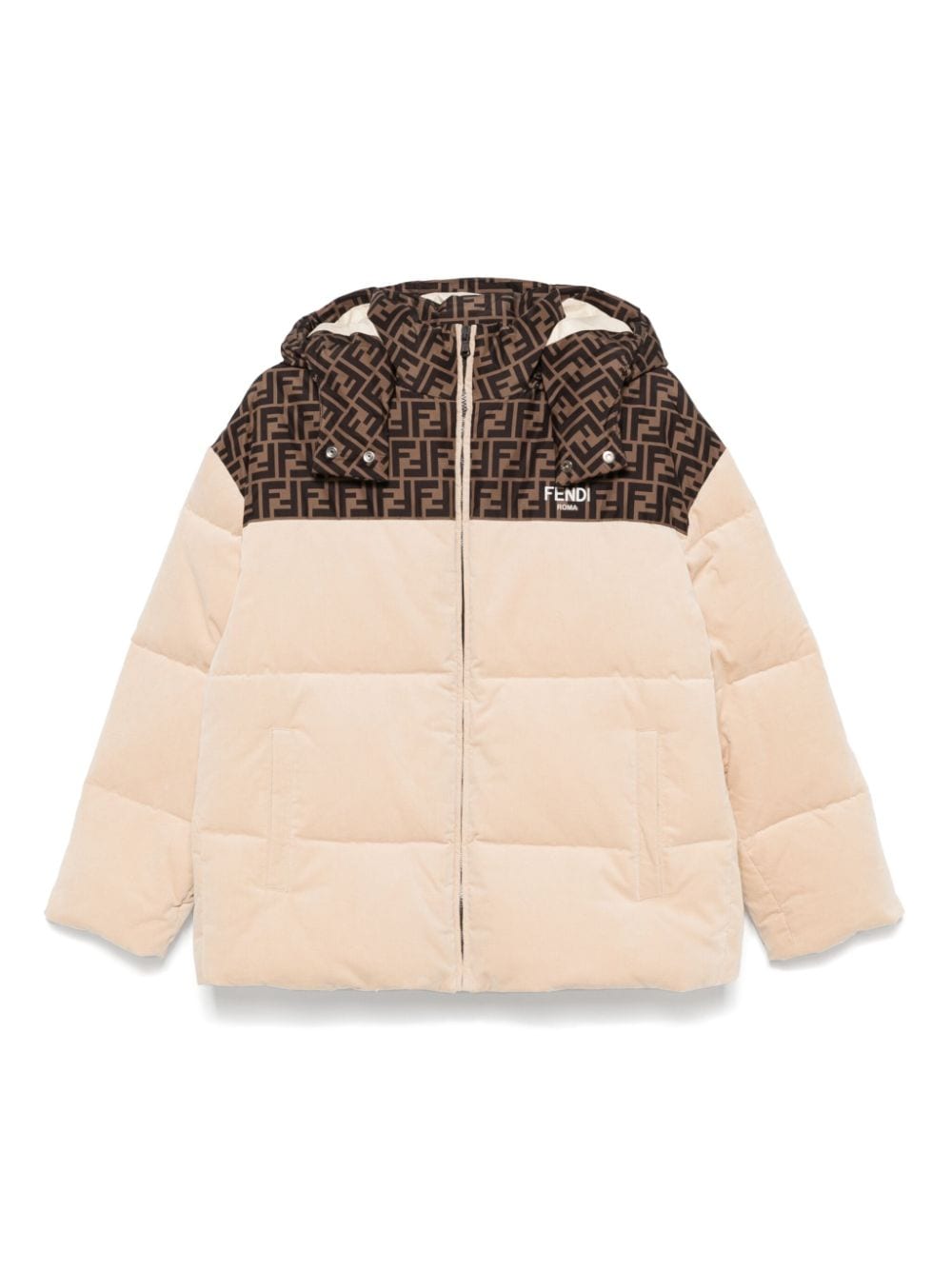 Giubbino per bambina Fendi Kids beige con cappuccio con logo monogramma FF - Rubino Kids