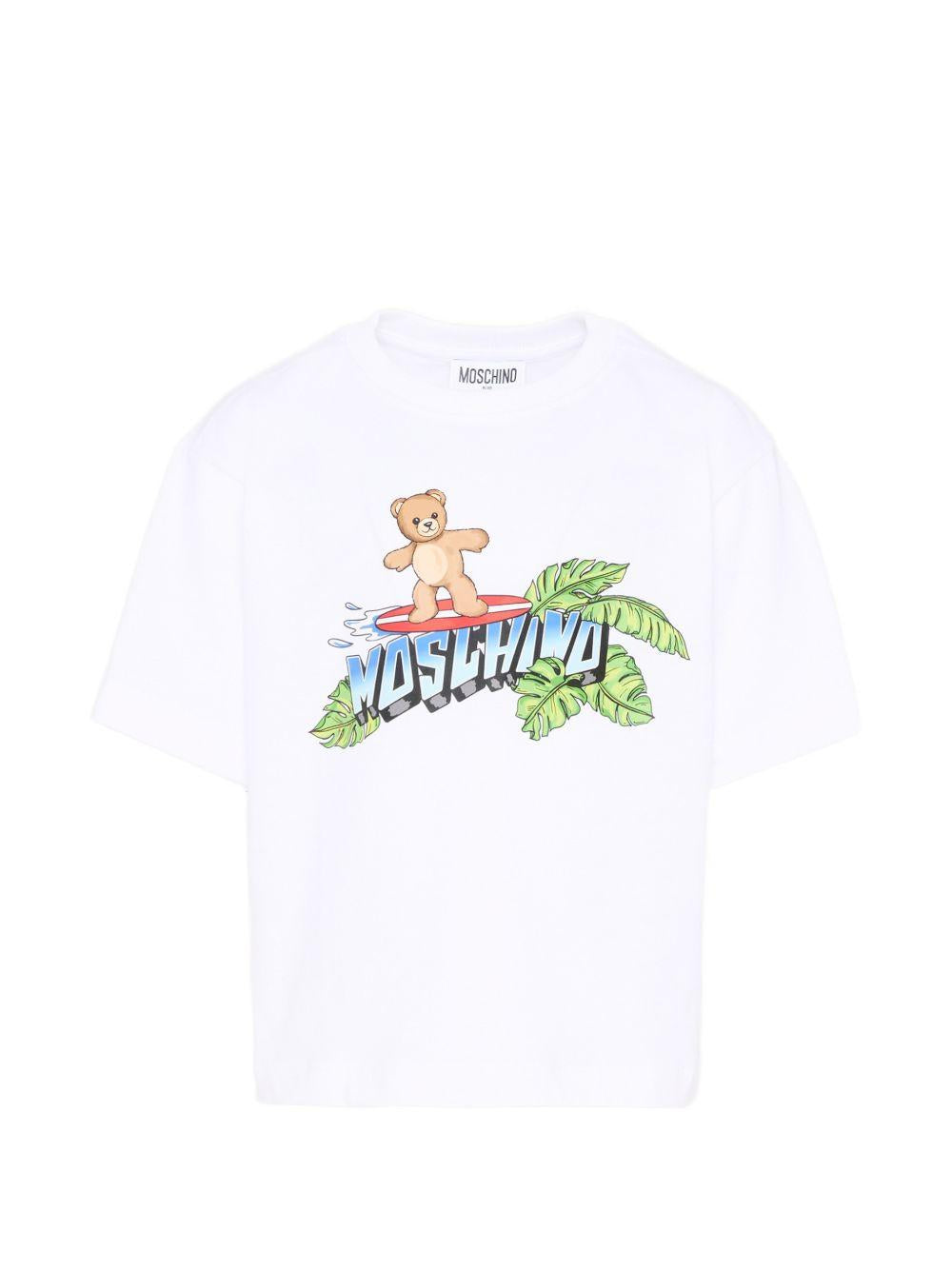 T-shirt per bambino Moschino Kids bianca con stampa logo sul davanti HUM05KLAA23 10101 MOSCHINO KIDS 