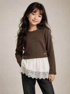 Maglione per bambina Monnalisa Kids marrone con rifinitura in pizzo 41H607 8214 0006 MONNALISA KIDS 