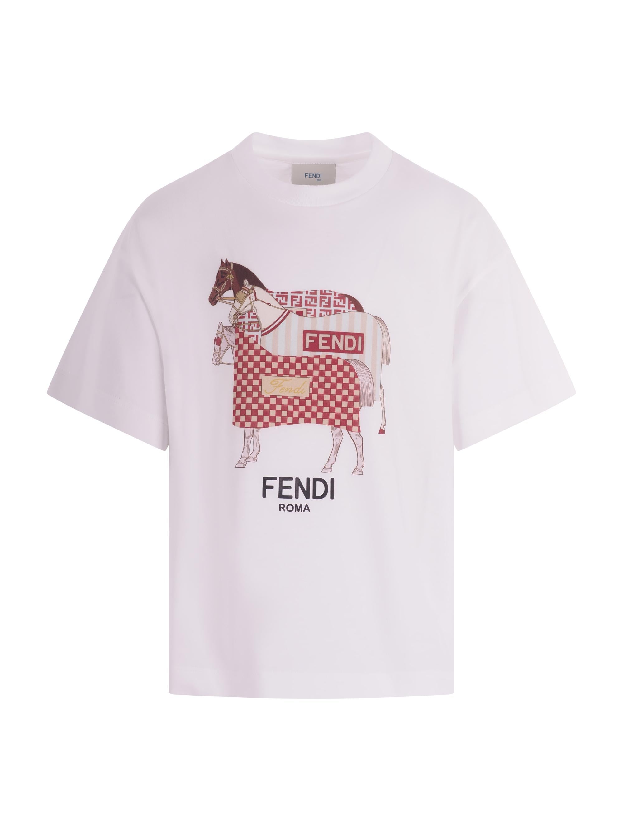 T-shirt per bambino Fendi Kids bianca con stampa Cavalli Fendi sul davanti JMI498 7AJ F0TU9 FENDI KIDS 