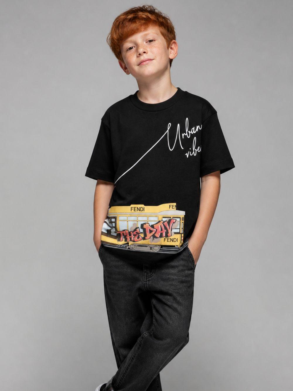 T-shirt per bambino Fendi Kids nera con stampa grafica JMI525 AVWL F0GME FENDI KIDS 
