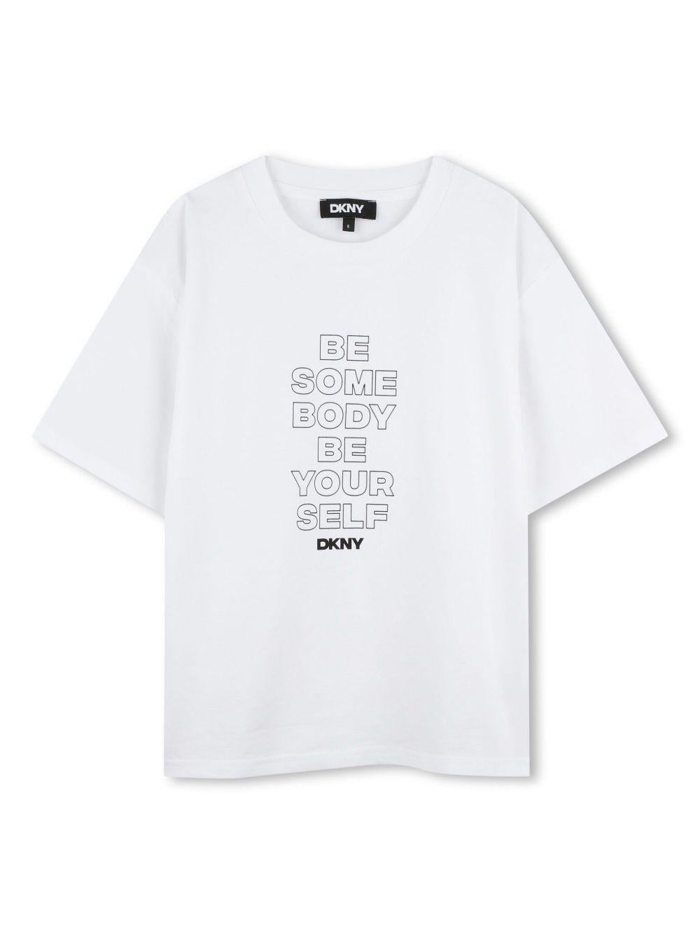 T-shirt per bambina Dkny Kids bianco con stampa con slogan frontale D62307 10P DKNY 