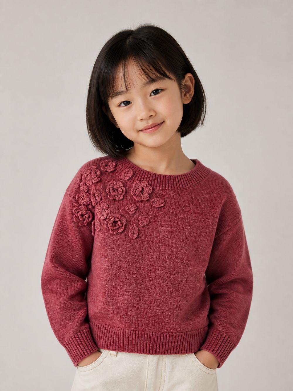 Maglione per bambina Monnalisa Kids rosa con ricamo fiori all'uncinetto sul davanti 17H602 8062 0098 MONNALISA KIDS 