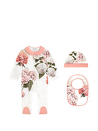 Set tutina, cappellino e bavaglino per neonata Dolce & Gabbana Kids bianco con stampa a fiori L2JO2Y II7JU HF5XG DOLCE & GABBANA KIDS 