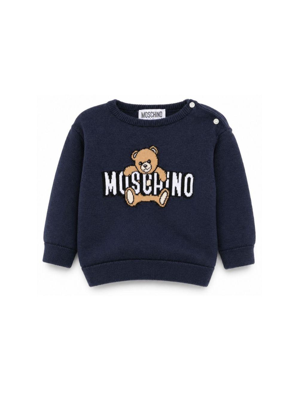 Maglione per neonato Moschino Kids blu con Teddy ricamato sul davanti M8W00JLHE62 40016 MOSCHINO KIDS 