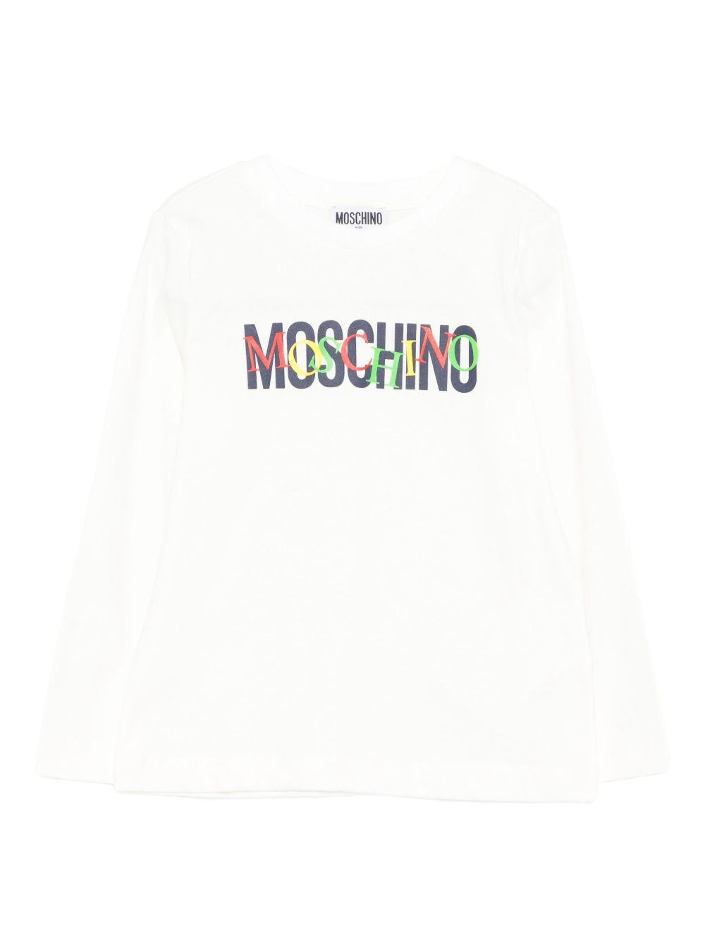 T-shirt per bambino Moschino Kids bianco con stampa logo HUO00YLAA10 10063 MOSCHINO KIDS 