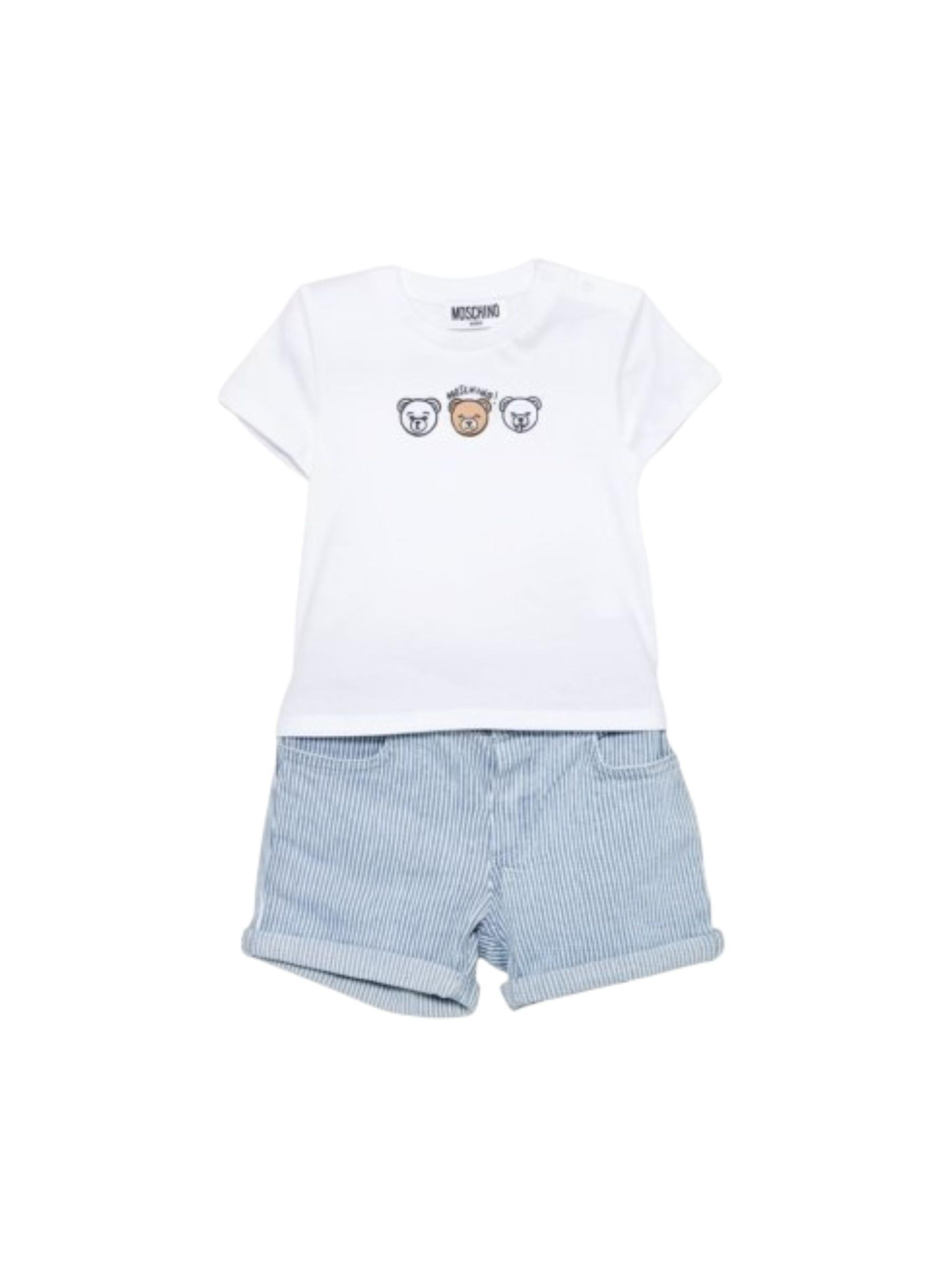 Set T-shirt e shorts per neonato Moschino Kids bianco e blu a righe MUG01OLXE63 86816 MOSCHINO KIDS 