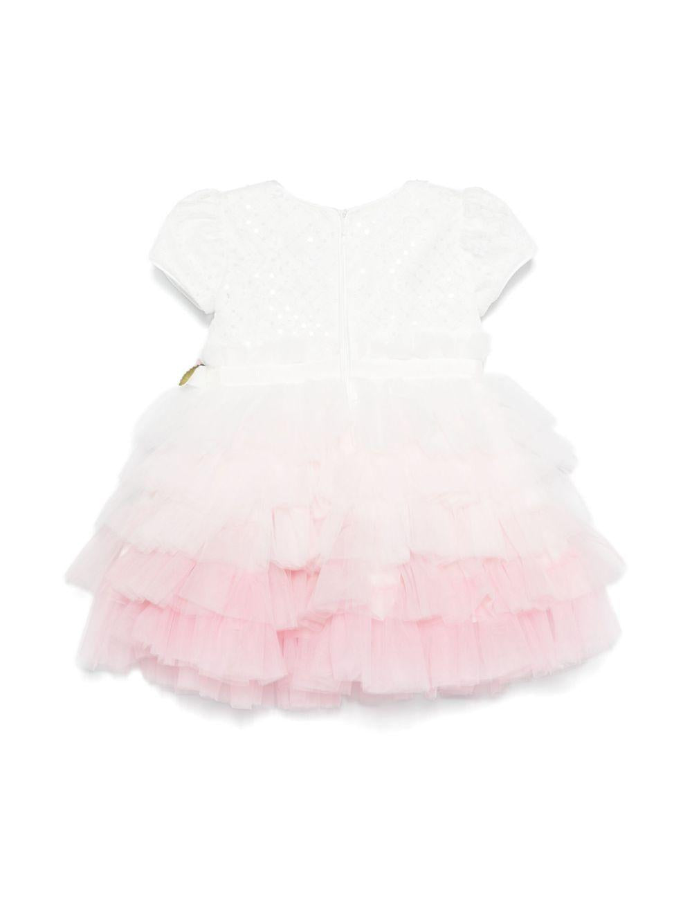 Abito per neonata Monnalisa bianco  con balze con effetto sfumato rosa 73E900 5910 0190 MONNALISA 