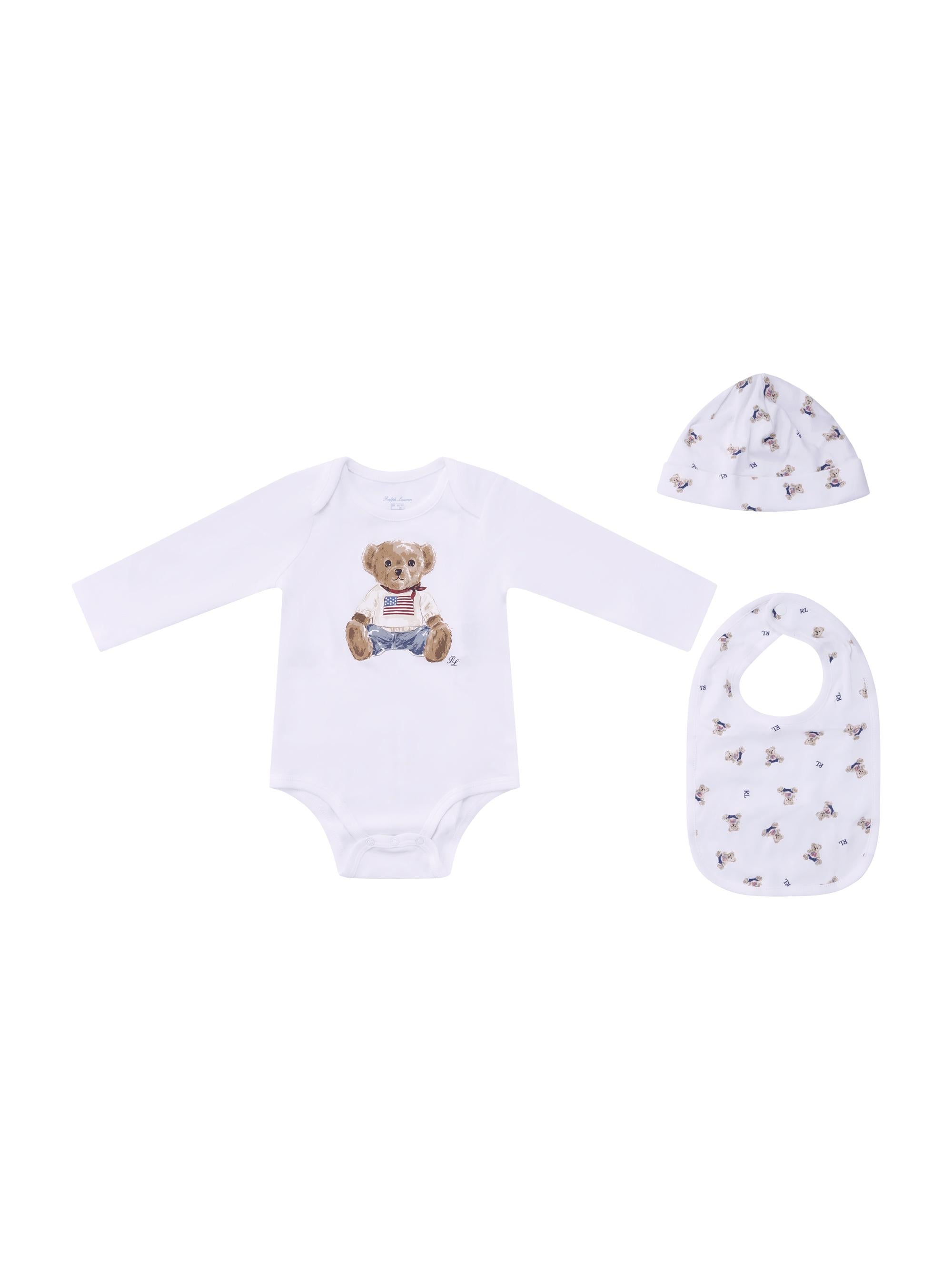 Set tutina bavaglino e cappellino per neonato Polo Ralph Lauren Kids bianco con stampa Teddy Bear 320P00760 001 Ralph Lauren kids 