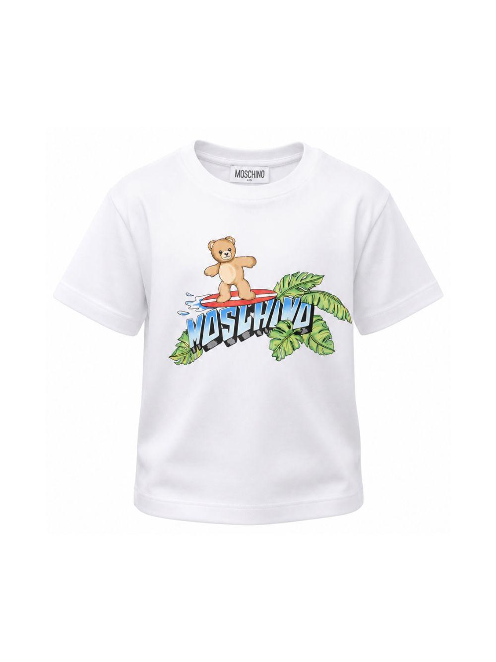 T-shirt per bambino Moschino Kids bianca con stampa logo sul davanti HUM05KLAA23 10101 MOSCHINO KIDS 