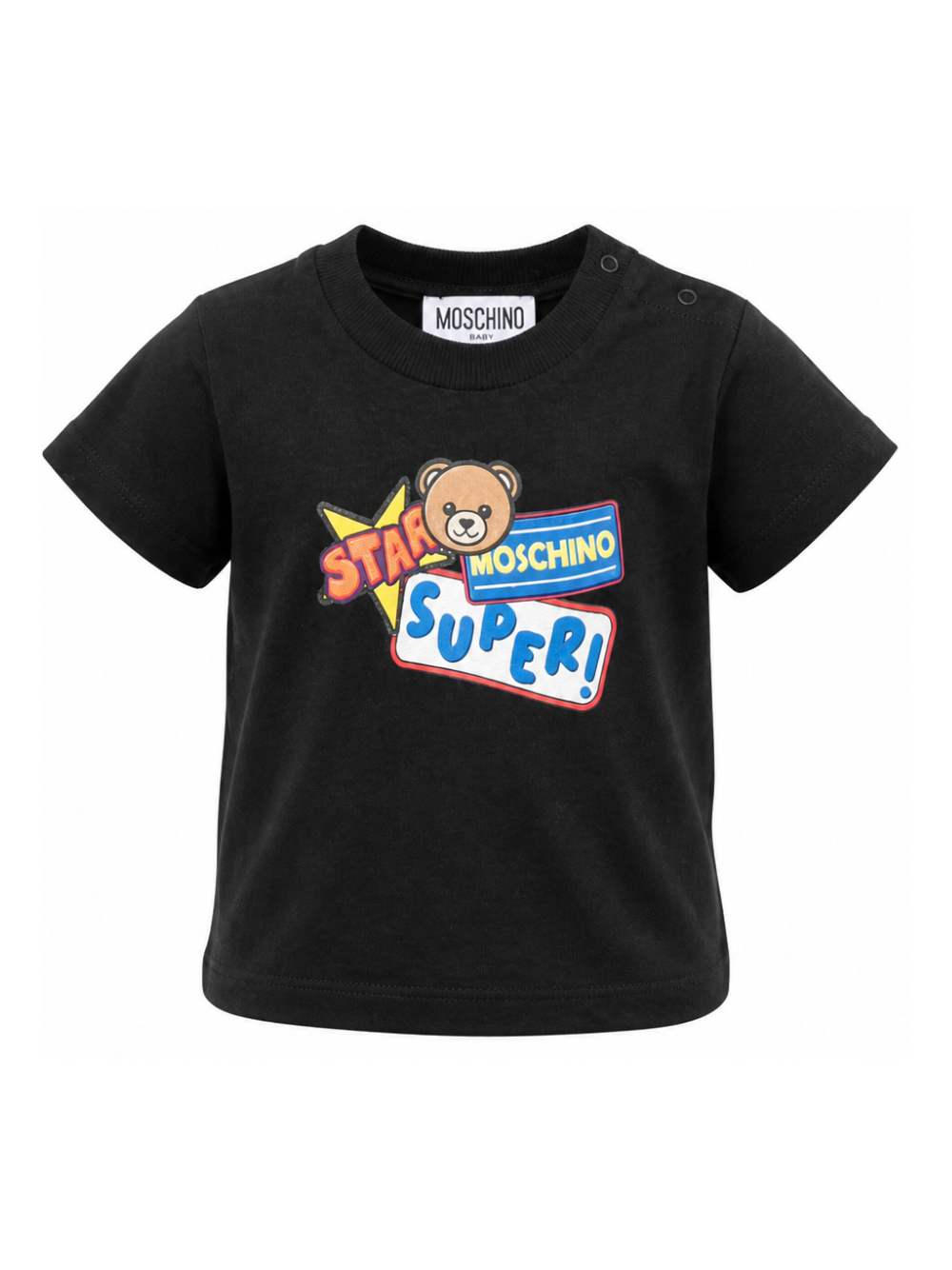 T-shirt per neonato Moschino Kids nera con stampa grafica MUM04LLAA24 60100 MOSCHINO KIDS 
