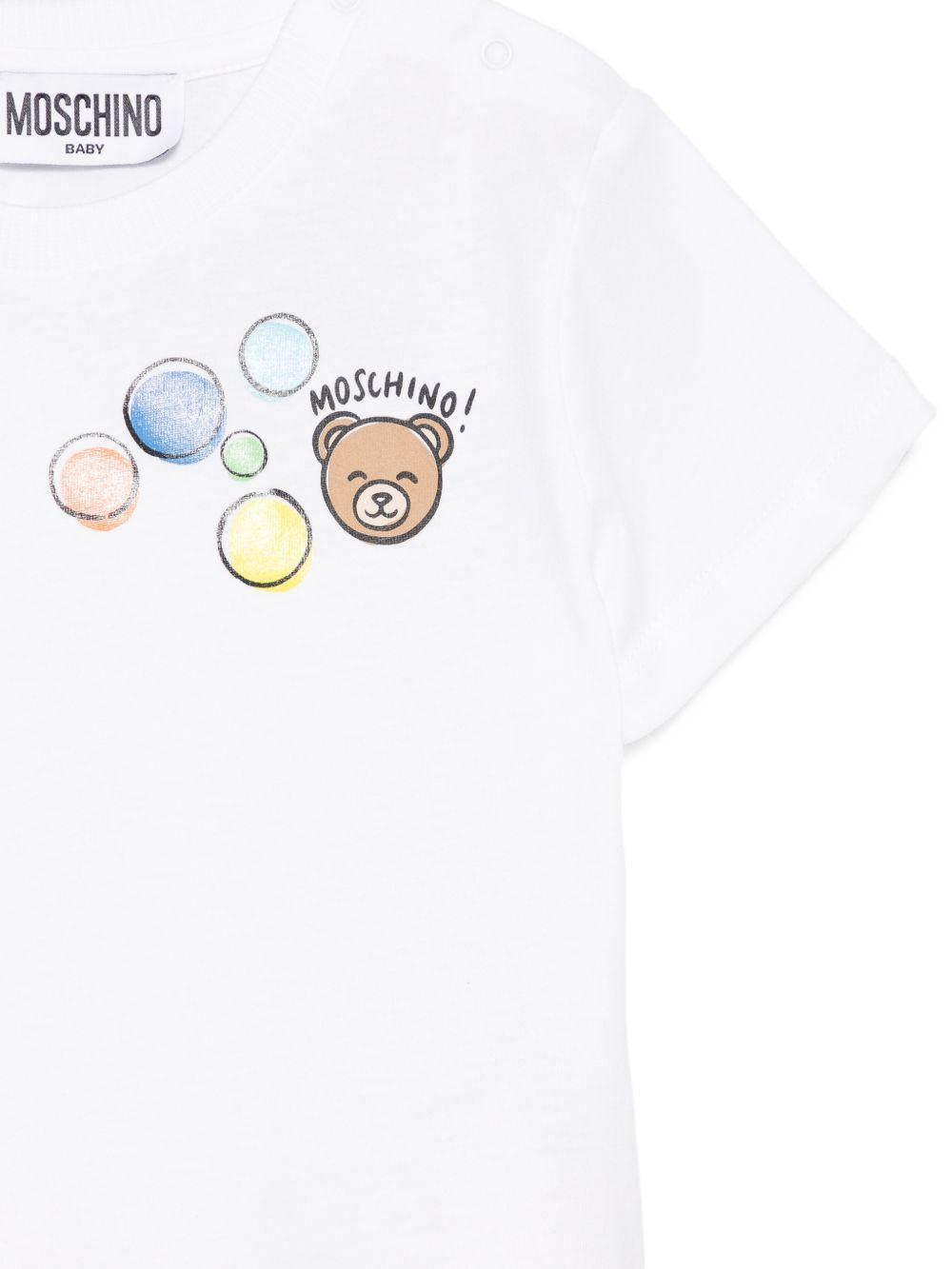 T-shirt per neonati Moschino Kids bianca con stampa orsetto e palloncini M5M047LAA03 10101 MOSCHINO KIDS 