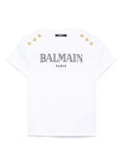 T-shirt con logo ricamato per bambina Balmain Kids bianco con orlo dritto BW8A21 Z0116 100OR BALMAIN KIDS 