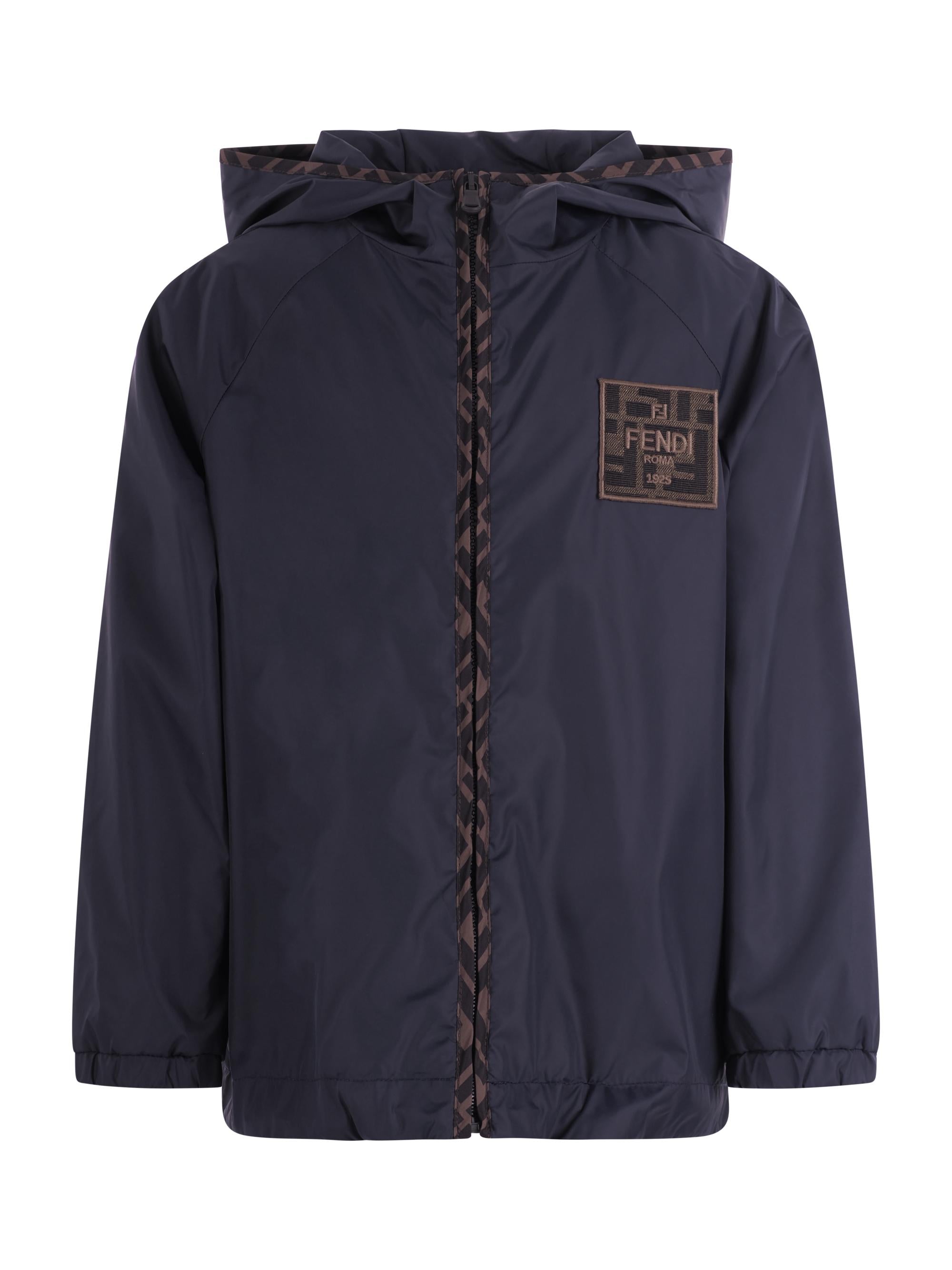 Fendi Kids blue jacket for boys with logo patch on the front
