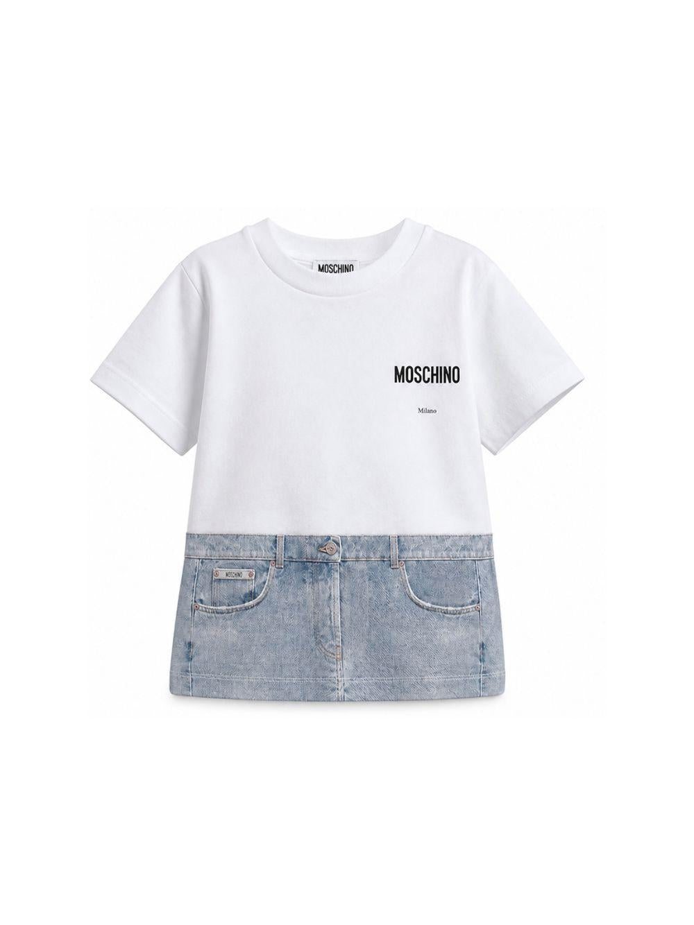 T-shirt per bambina Moschino Kids bianca con stampa denim H7M05GLAA02 10101 MOSCHINO KIDS 