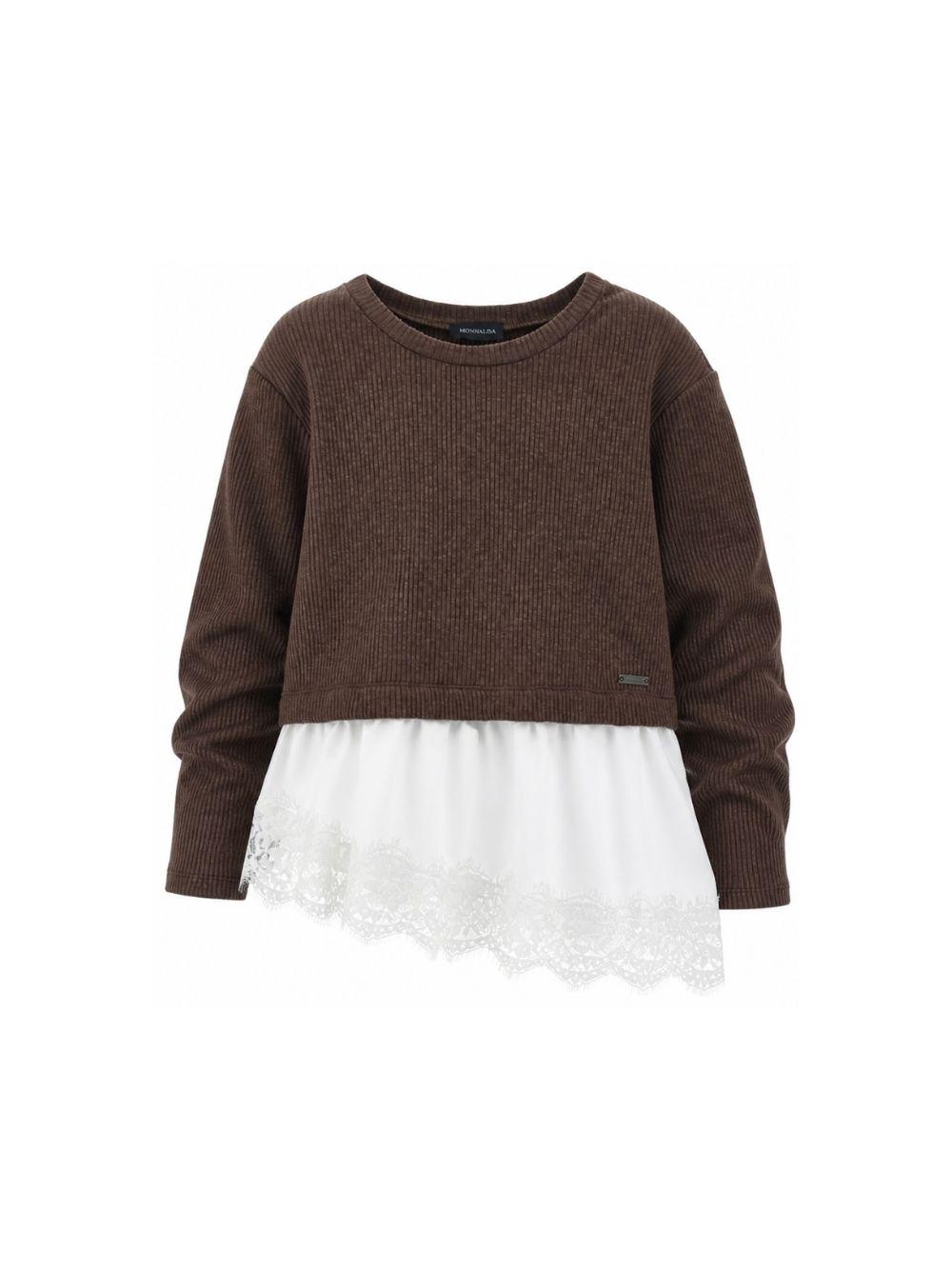 Maglione per bambina Monnalisa Kids marrone con rifinitura in pizzo 41H607 8214 0006 MONNALISA KIDS 