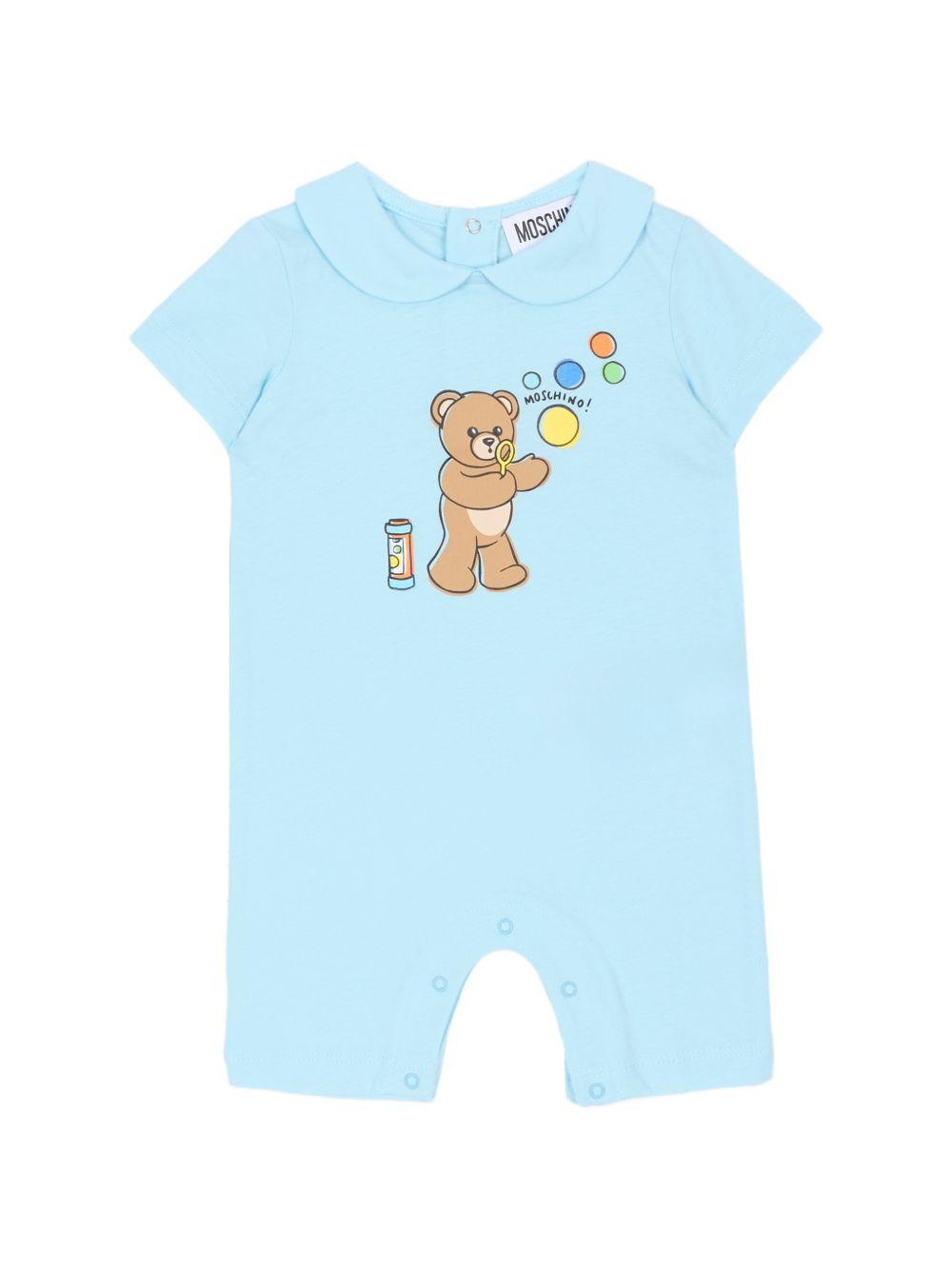 Tutina per neonati Moschino Kids azzurra con stampa grafica Orsetto con bolle di sapone MUT04MLAA03 40304 MOSCHINO KIDS 