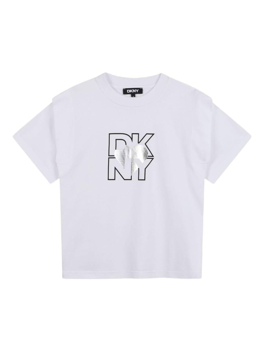 T-shirt per bambina DKNY Kids bianca con stampa con logo D62417 10B DKNY 
