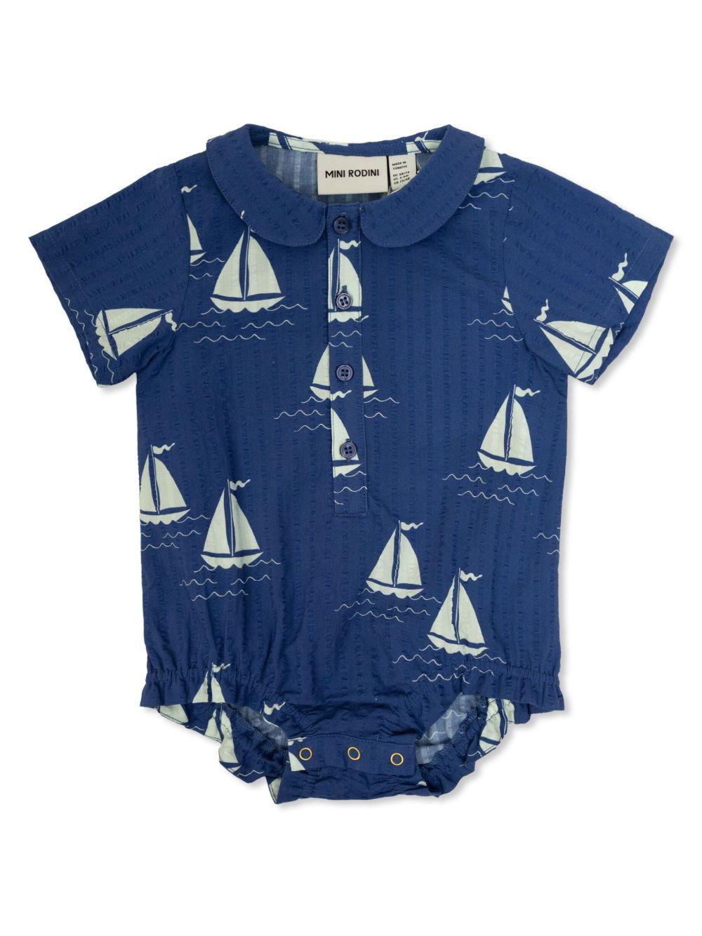 Camicia per neonato Mini Rodini blu con stampa e dettagli con ruches 2524011160 BLUE MINI RODINI KIDS 