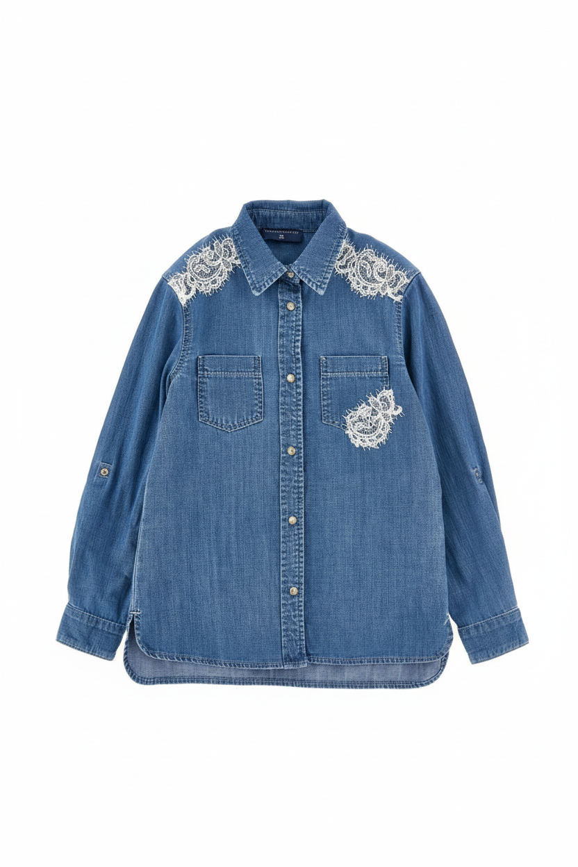 Camicia per bambina Ermanno Scervino Junior in denim con dettaglio in pizzo Z9G303 7736 0055 ERMANNO SCERVINO JUNIOR 