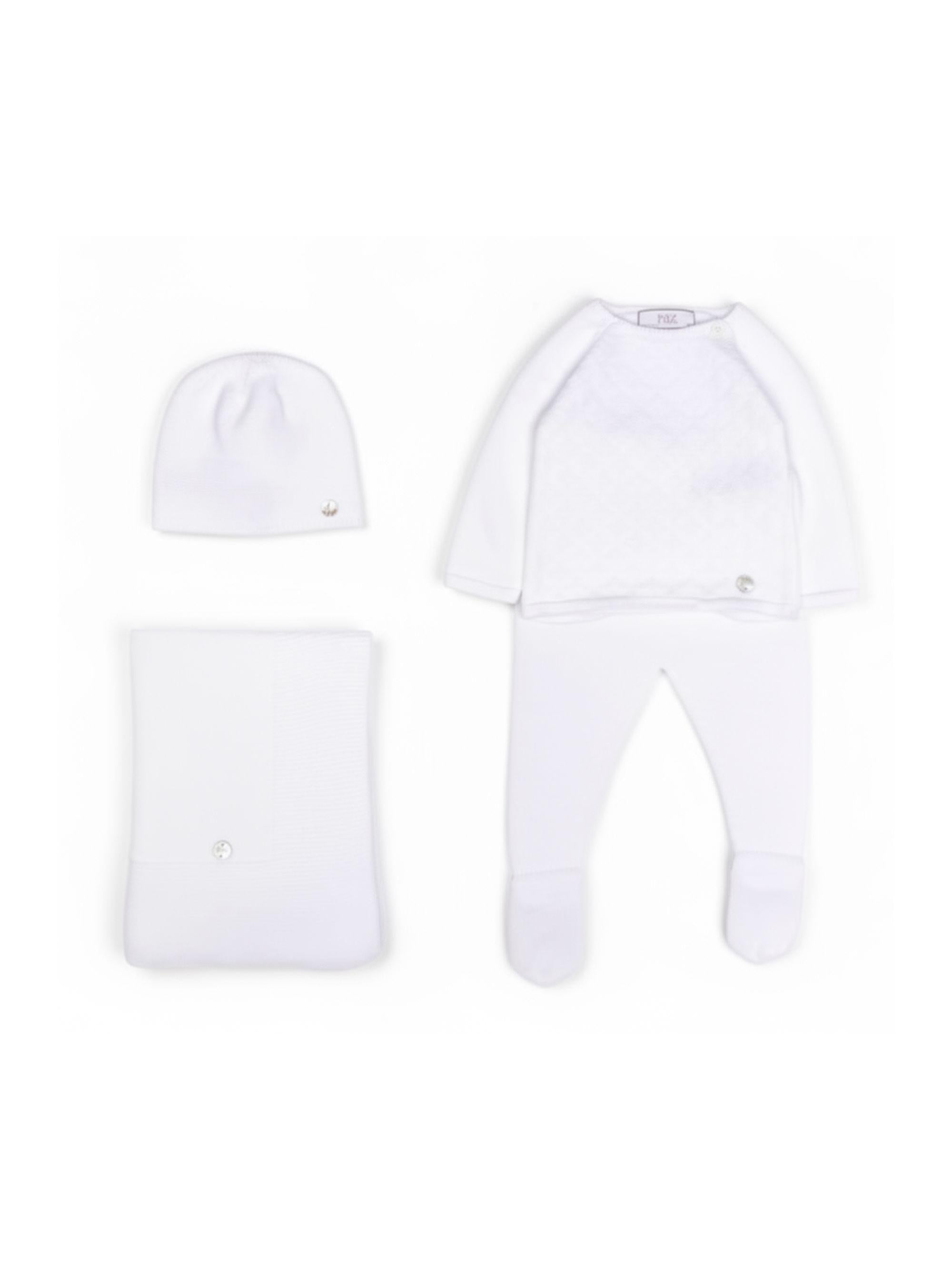 Set tutina cappello e coperta per neonati Paz Rodriguez bianco con placca con logo 303-123189 01 PaZ RODRIGUEZ KIDS 