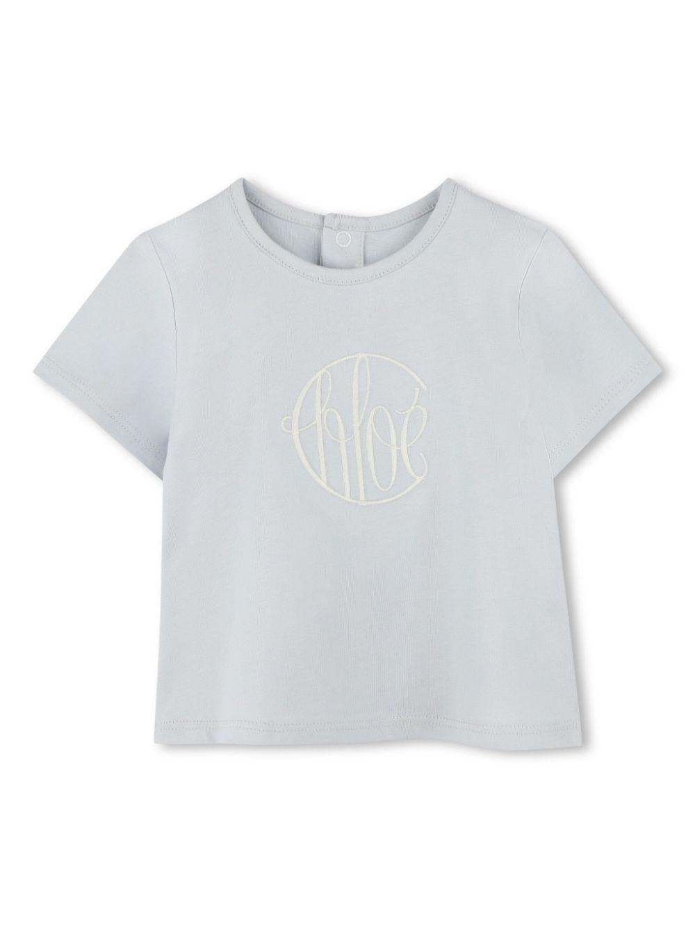 T-shirt per neonata Chloé Kids grigio con ricamo con logo frontale C20525 796 CHLOE' KIDS 
