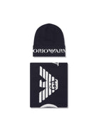 Set cappello e sciarpa per bambino Emporio Armani Kids blu con design lavorato a maglia 407524 3F932 00035 EMPORIO ARMANI KIDS 
