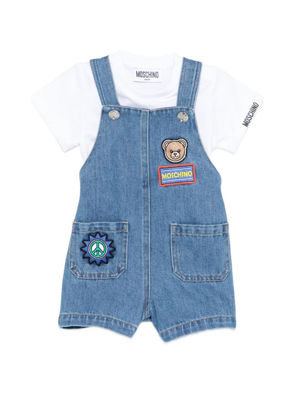 Set t-shirt e salopette per neonati Moschino Kids multicolore con toppa con logo sul davanti MUG01RL0E34 40646 MOSCHINO KIDS 