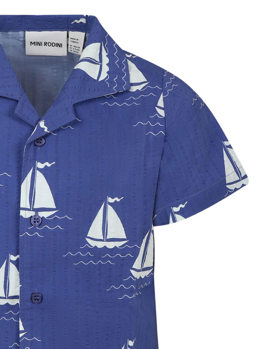 Camicia Sailing Boats per bambino Mini Rodini blu con colletto alla cubana 2522015160 BLUE MINI RODINI KIDS 