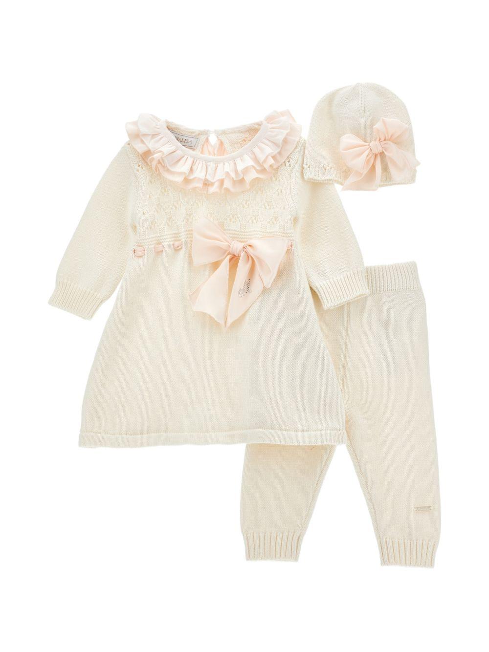 Set di tre pezzi per neonata Monnalisa Kids bianco con dettaglio con fiocco 35H512 8060 0191 MONNALISA KIDS 