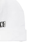Set cappellino e bavaglino per neonati Moschino Kids bianco con logo sul davanti MUY095LCA19 10101 MOSCHINO KIDS 