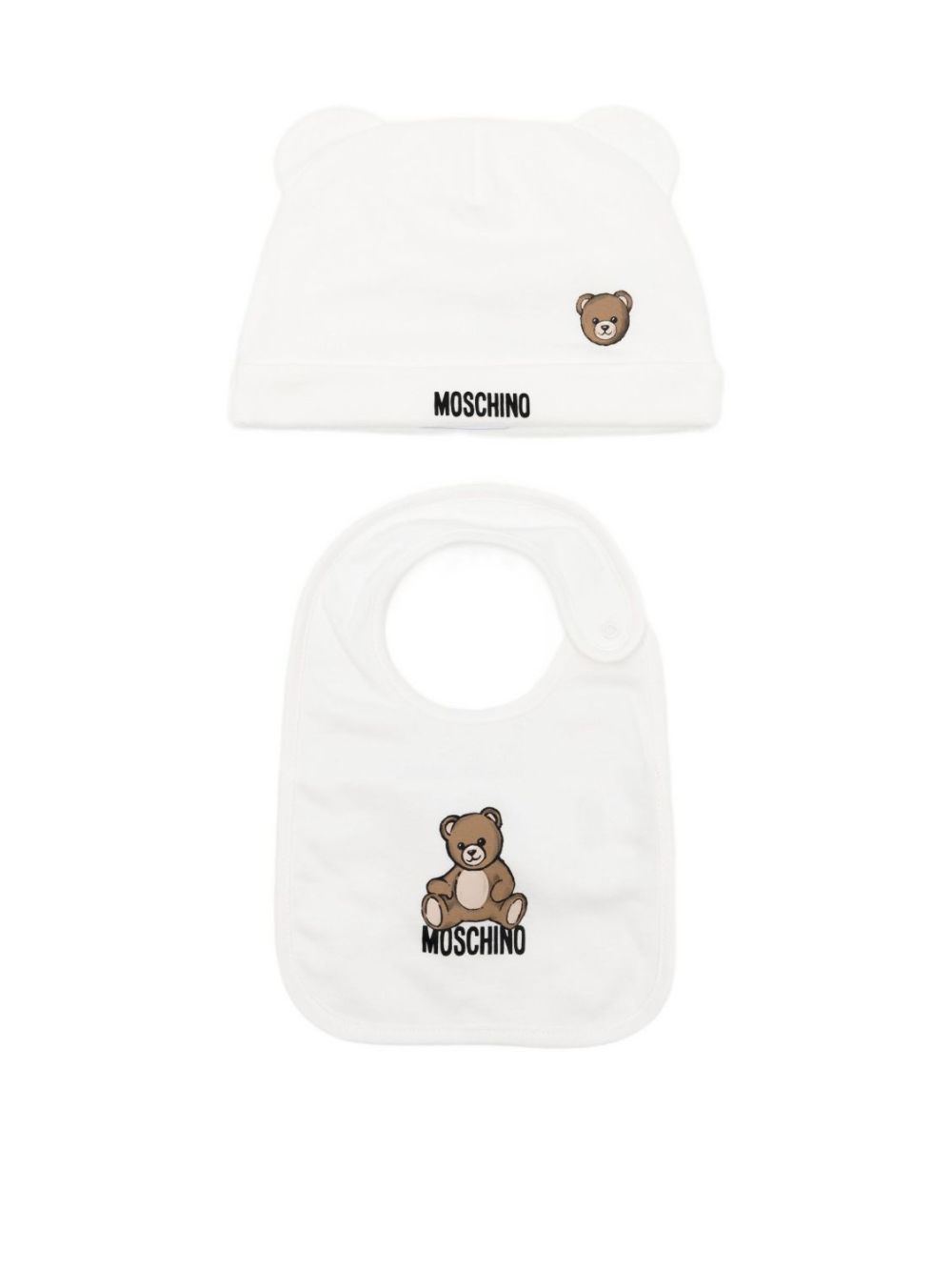 Set berretto e bavaglino per neonati Moschino Kids bianco con motivo Teddy Bear MUY08LLCA40 10063 MOSCHINO KIDS 