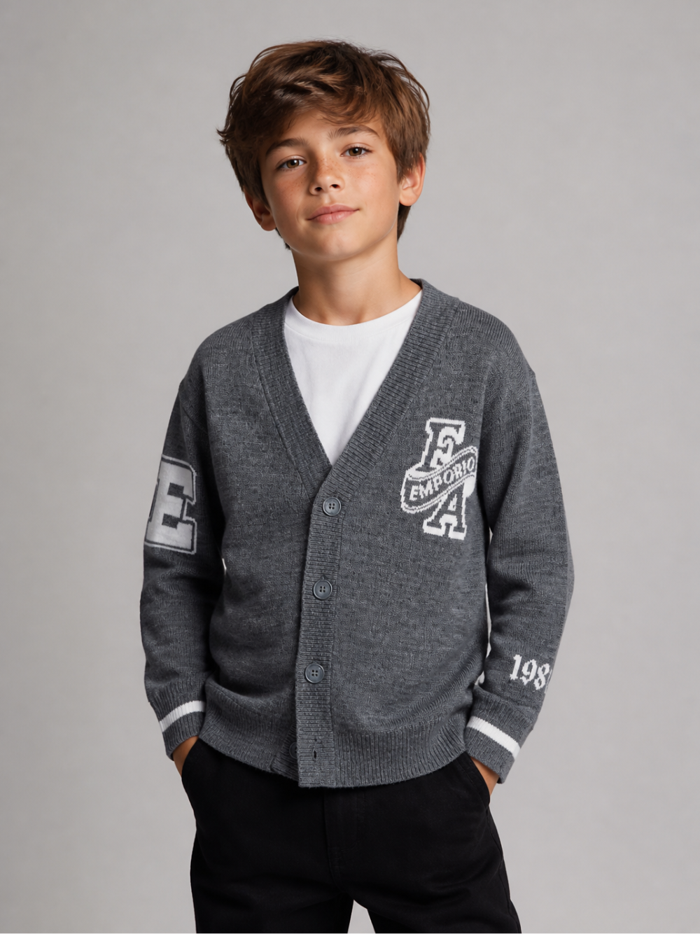Cardigan per bambino Emporio Armani Kids grigio a maniche lunghe EB001686 AF27314 O8035 EMPORIO ARMANI KIDS 