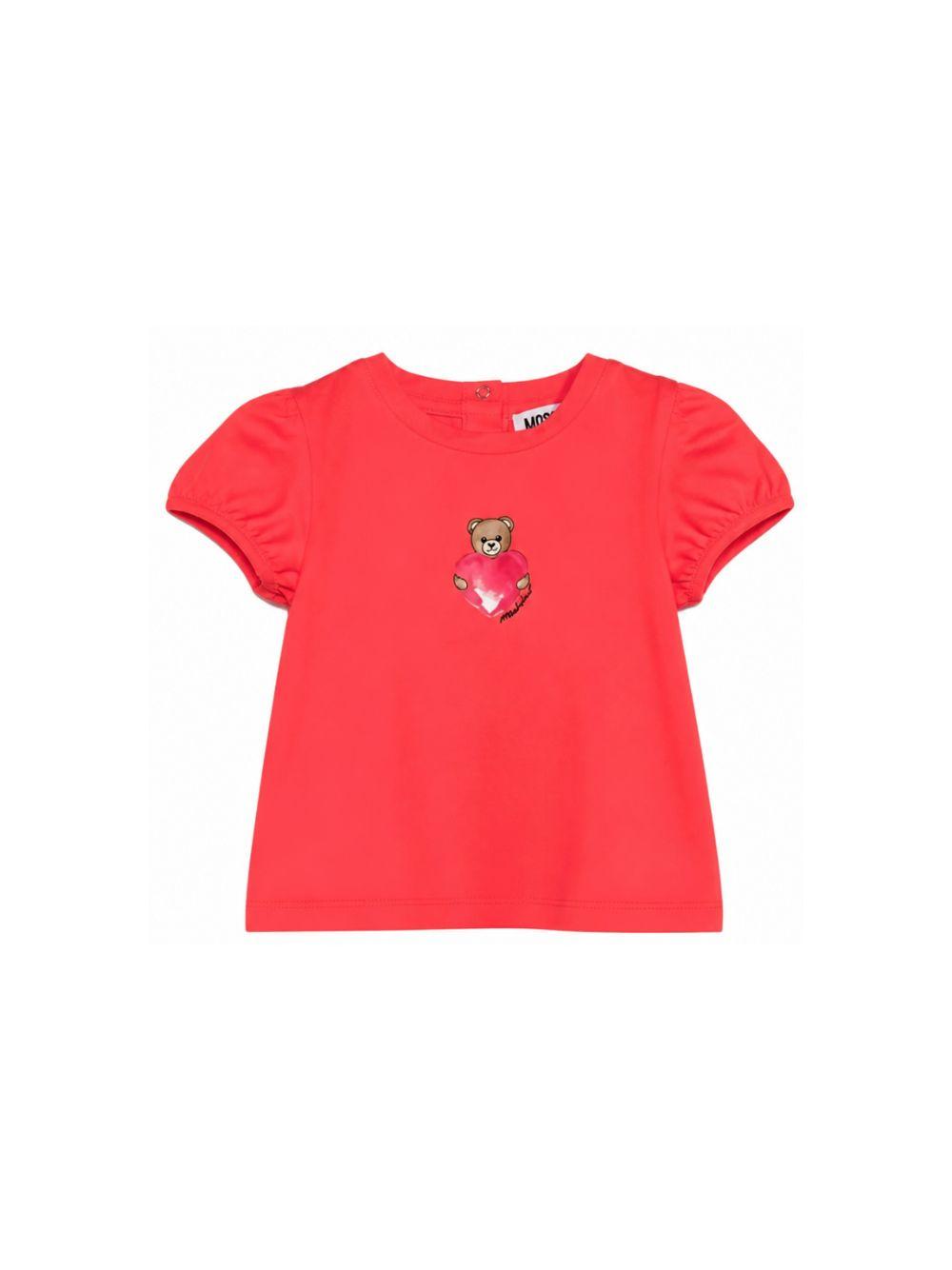 T-shirt per neonata Moschino Kids rossa con stampa Teddy Bear con cuore MLM02BLBA00 50109 MOSCHINO KIDS 