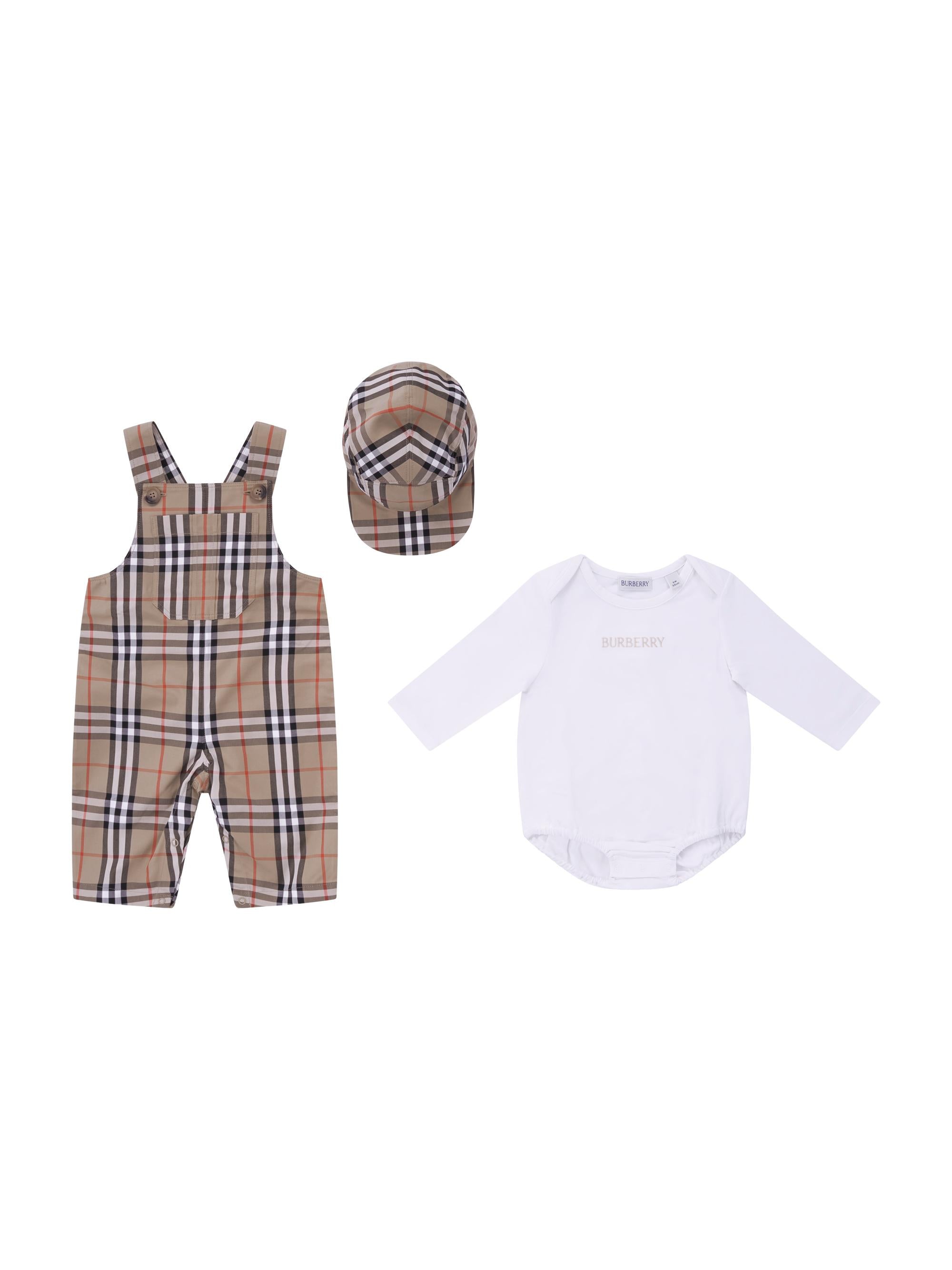 Set tre pezzi per neonato Burberry Kids beige con caratteristico motivo Vintage Check 8117965 B9368 BURBERRY KIDS 