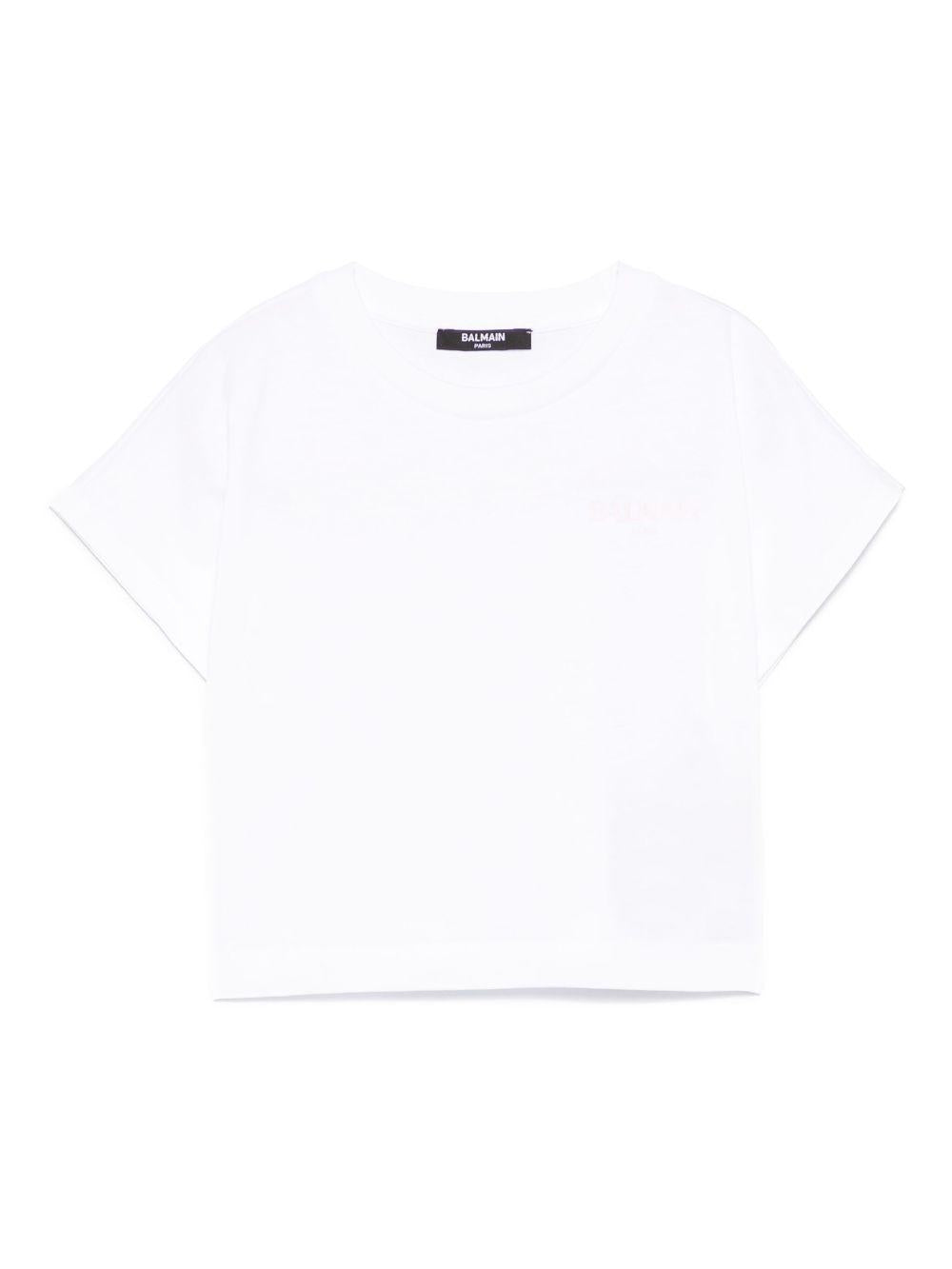 T-shirt con stampa logo per bambina Balmain Kids bianco con orlo dritto BW8A31 Z0116 100RS BALMAIN KIDS 