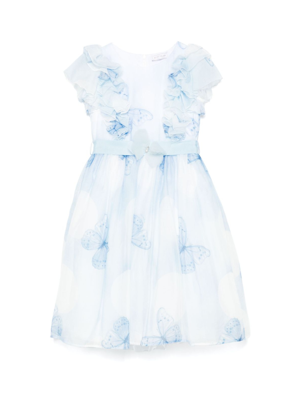 Abito per bambina Monnalisa azzurro con stampa farfalla con dettagli con ruches 71E911 5621 0158 MONNALISA 