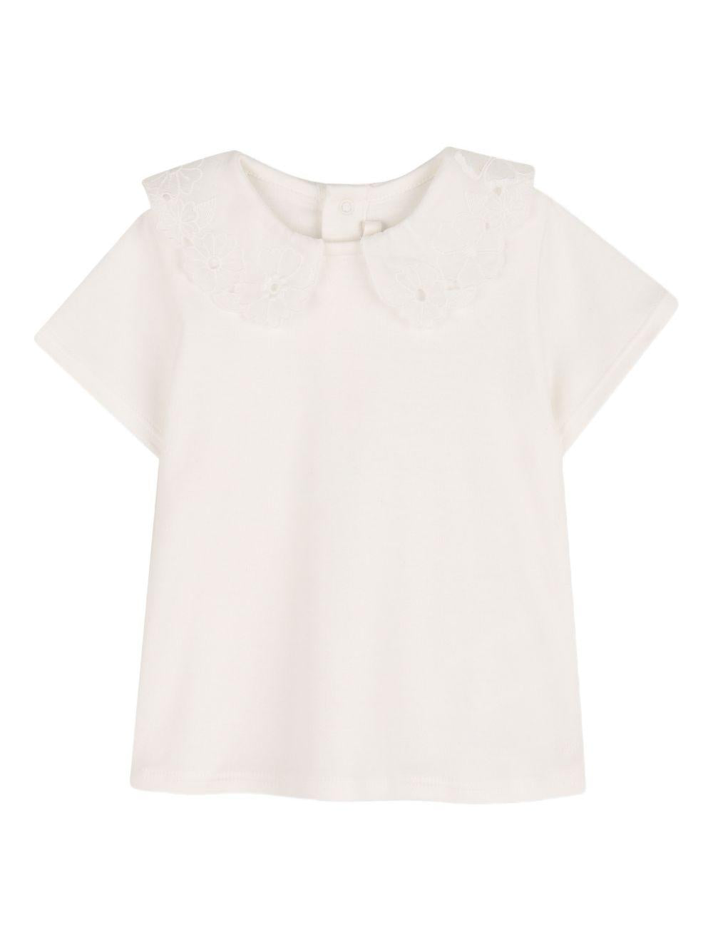T-shirt per neonata Chloé Kids bianca con colletto alla Peter Pan in pizzo C20914 117 CHLOE' KIDS 