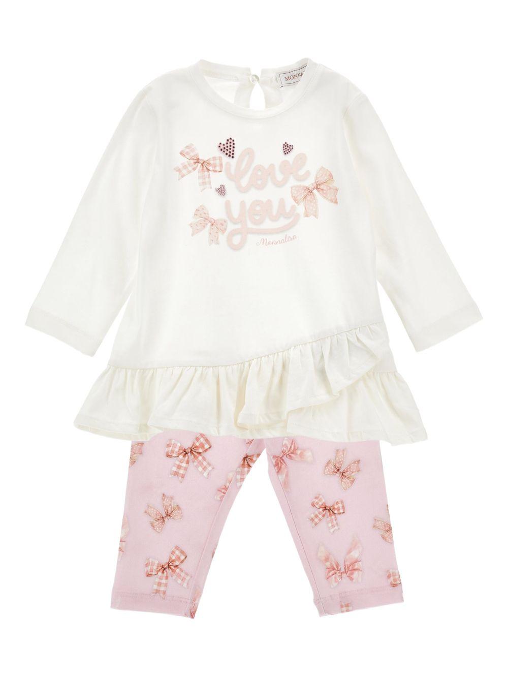 Set t-shirt e pantaloni per neonata Monnalisa bianco con stampa 31F500 6650 9001 MONNALISA 