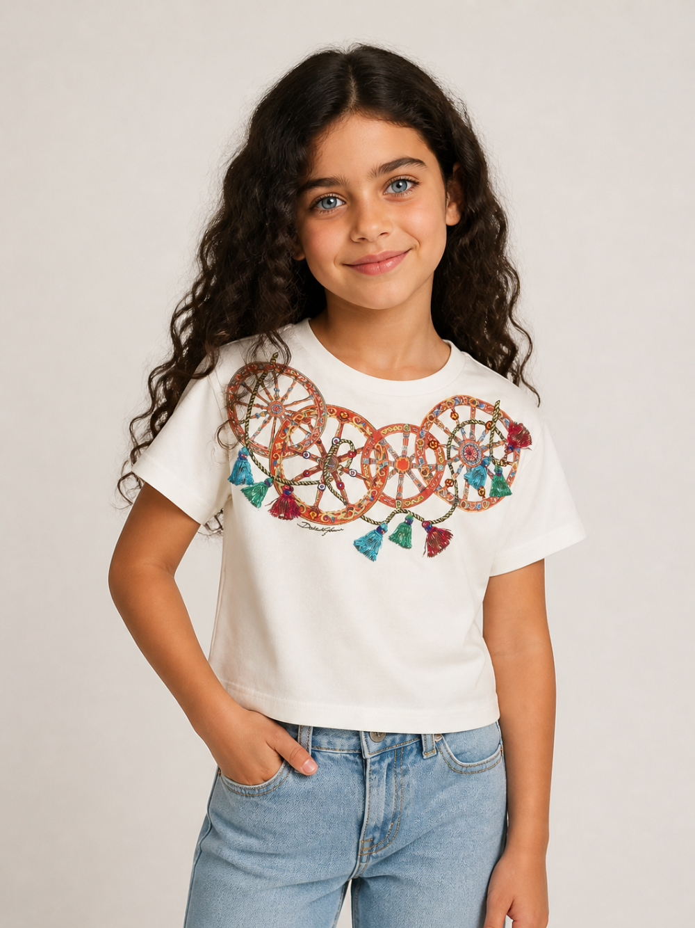 T-shirt per bambina Dolce & Gabbana Kids bianco con stampa Carretto Siciliano L5JTNL G7P5Y W0111 DOLCE & GABBANA KIDS 